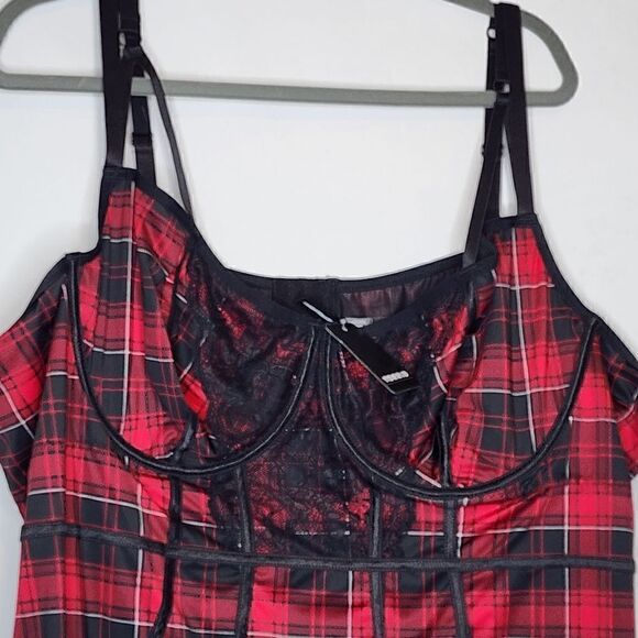 6X 30W Torrid Red Plaid Bodysuit Underwire Lingerie Punk Snaps Lace Cutout Pipin - Picture 3 of 7